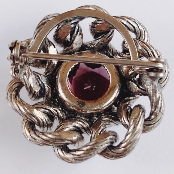 Vintage Mid Century Silver Tone Purple Glass Domed Rope Brooch 1950s 1960s - Picture 9 of 10